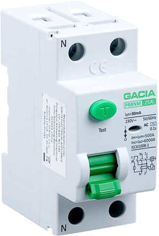⁨Wyłącznik różnicowoprądowy 25A, 30mA, 2P, typ A GACIA PR8NM 2P 25A 30MA A⁩ w sklepie Wasserman.eu