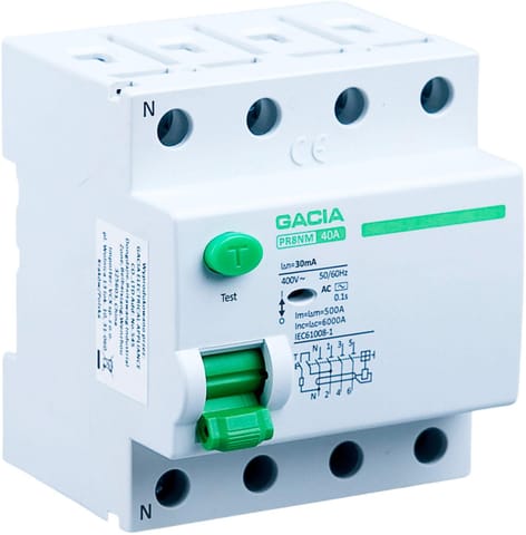 ⁨Wyłącznik różnicowoprądowy 40A, 30mA, 4P, typ A GACIA PR8NM 4P 40A 30MA A⁩ w sklepie Wasserman.eu