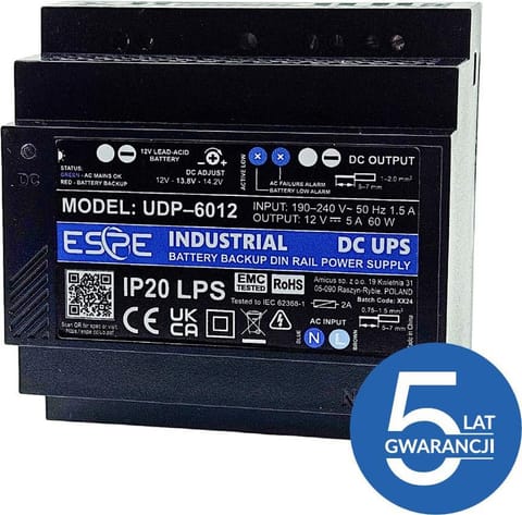 ⁨ZASILACZ IMPULSOWY BUFOROWY NA SZYNĘ DIN ESPE UDP-6012 12 V 60 W 5 A⁩ w sklepie Wasserman.eu