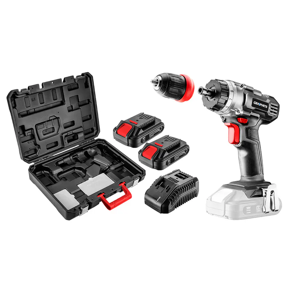 Wiertarko-wkrętarka aku Energy+ 18V, Li-Ion, zdejmowany uchwyt 10 mm, 2 aku 2Ah, ład, walizka w sklepie Wasserman.eu