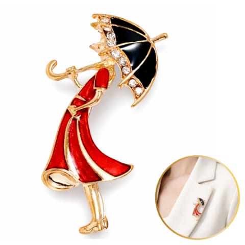 ⁨Broszka ozdobna delikatna, Kobieta w czerwonej sukience z parasolką BZ237⁩ w sklepie Wasserman.eu