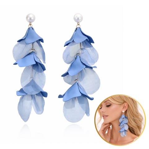 ⁨Kolczyki wiszące, efektowne tiulowe niebieskie z perełkami, sztyft K1725⁩ w sklepie Wasserman.eu