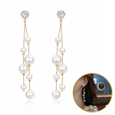 ⁨Kolczyki wiszące, efektowne z perełkami i cyrkonią, białe sztyft K1727⁩ w sklepie Wasserman.eu