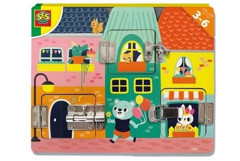 ⁨SES Creative I learn - Latches board - Sustainable wooden latches board, Happy illustrations, Age 3+⁩ at Wasserman.eu