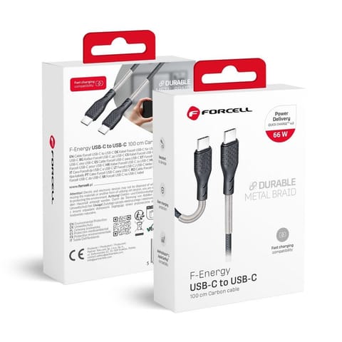 ⁨Kabel USB-C do USB-C Forcell F-Energy QC4.0 PD 5A 66W Carbon 1 m CB-02C czarny⁩ w sklepie Wasserman.eu