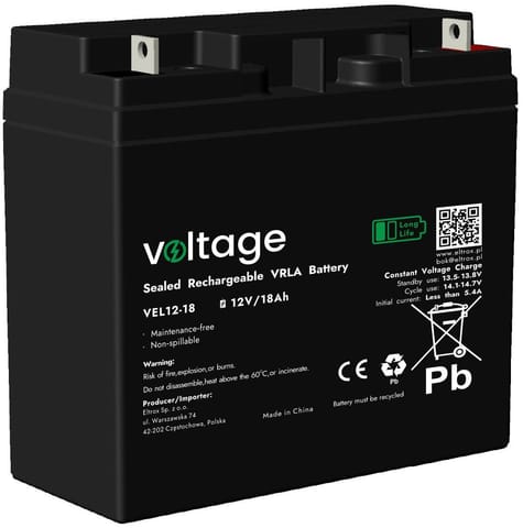 ⁨Akumulator AGM Voltage Long Life 12V 18Ah VEL12-18 (Żywotność 15 lat)⁩ w sklepie Wasserman.eu