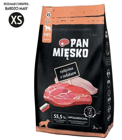 ⁨Pan Mięsko Karma sucha dla psa - cielęcina i indyk chrupki XS 3kg⁩ w sklepie Wasserman.eu