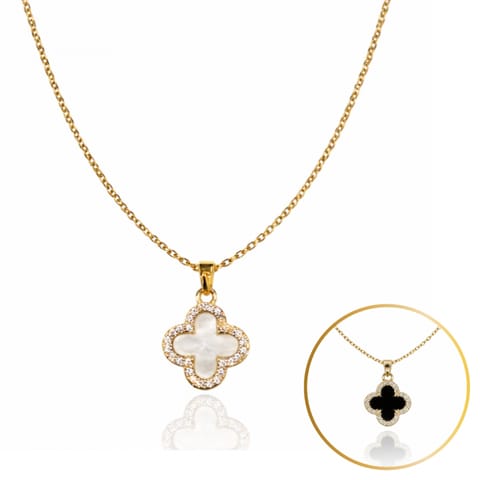 ⁨Naszyjnik stal szlachetna pozłacana 14k złotem, dwustronna Koniczynka, cyrkonie NST2259⁩ w sklepie Wasserman.eu