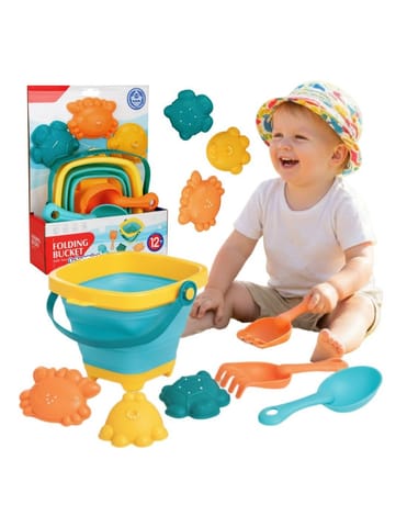 ⁨WOOPIE BABY Zestaw Wiaderko Składane z Grabkami Łopatką Foremki Niebieskie⁩ w sklepie Wasserman.eu