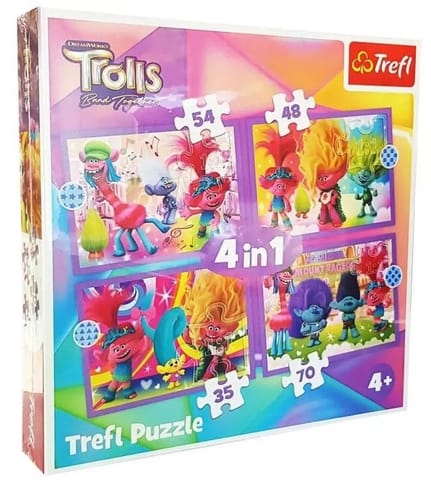 ⁨Puzzle 4w1 Przygody kolorowych Trolli TREFL⁩ w sklepie Wasserman.eu