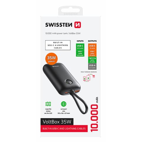 ⁨SWISSTEN, Powerbank, VOLTBOX, Li-Ion, 5/9/12V, do ładowania telefonów i innych urządzeń, 22013936, 10000mAh, USB-C + USB-A, 35W, c⁩ w sklepie Wasserman.eu