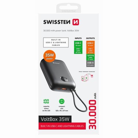 ⁨SWISSTEN, Powerbank, VOLTBOX, Li-Pol, 5/9/12V, do ładowania telefonów i innych urządzeń, 22013938, 30000mAh, USB-C + USB-A, 35W, L⁩ w sklepie Wasserman.eu