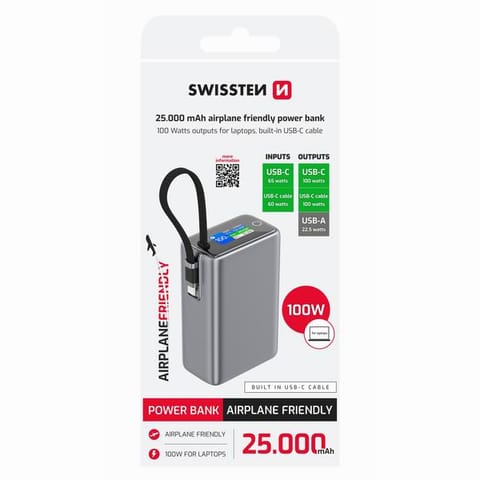 ⁨SWISSTEN, Powerbank, Li-Pol, 5/9/12V, do ładowania telefonów i innych urządzeń, 22013977, 25000mAh, USB-C + USB-A, 100W, czarna⁩ w sklepie Wasserman.eu