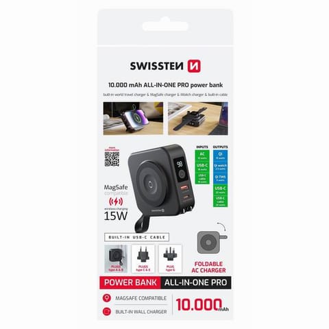 ⁨SWISSTEN, Powerbank, ALL-IN-ONE PRO, Li-Pol, 5/9/12V, do ładowania telefonów i innych urządzeń, 22013978, 10000mAh, kabel USB-C, 1⁩ w sklepie Wasserman.eu