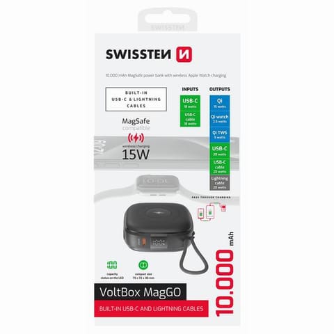 ⁨SWISSTEN, Powerbank, VOLTBOX MagGO, Li-Pol, 5/9/12V, do ładowania telefonów i innych urządzeń, 22013935, 10000mAh, USB-C + Lightni⁩ w sklepie Wasserman.eu