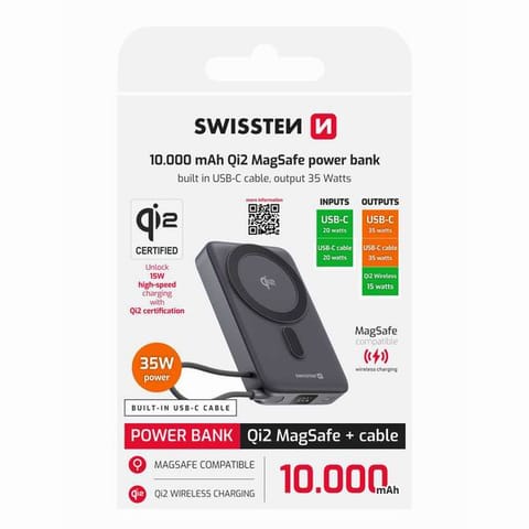 ⁨SWISSTEN, Powerbank, MagSafe, Li-Pol, 5/9/12V, do ładowania telefonów i innych urządzeń, 22013979, 10000mAh, 1x USB-C, 15W, czarna⁩ w sklepie Wasserman.eu