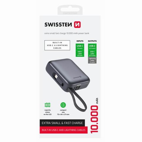 ⁨SWISSTEN, Powerbank, SPACE, Li-Pol, 5/9/12V, do ładowania telefonów i innych urządzeń, 22013939, 10000mAh, 1x USB-C, 22.5 W, zinte⁩ w sklepie Wasserman.eu