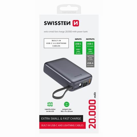 ⁨SWISSTEN, Powerbank, SPACE, Li-Pol, 5/9/12V, do ładowania telefonów i innych urządzeń, 22013945, 20000mAh, USB-A + USB-C, 22.5W, z⁩ w sklepie Wasserman.eu