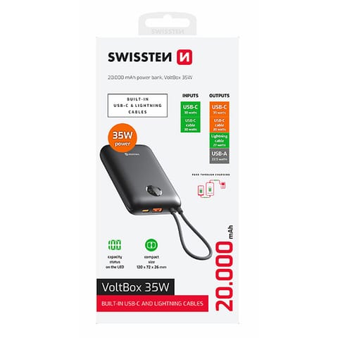 ⁨SWISSTEN, Powerbank, VOLTBOX, Li-Pol, 5/9/12V, do ładowania telefonów i innych urządzeń, 22013937, 20000mAh, USB-C + USB-A,35W,  k⁩ w sklepie Wasserman.eu