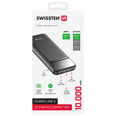 ⁨SWISSTEN, Powerbank, POWER LINE II, Li-Pol, 5/9/12V, do ładowania telefonów i innych urządzeń, 22013916, 10000mAh, 2x USB-A, USB-C⁩ w sklepie Wasserman.eu