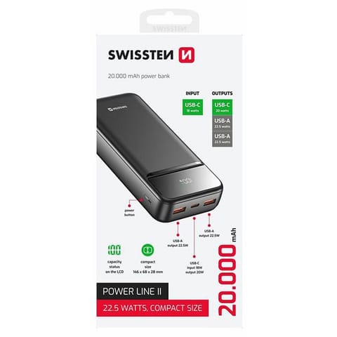 ⁨SWISSTEN, Powerbank, POWER LINE II, Li-Pol, 5/9/12V, do ładowania telefonów i innych urządzeń, 22013947, 20000mAh, 2x USB-A, USB-C⁩ w sklepie Wasserman.eu