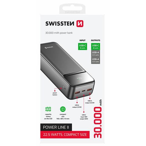 ⁨SWISSTEN, Powerbank, POWER LINE II, Li-Pol, 5/9/12V, do ładowania telefonów i innych urządzeń, 22013948, 30000mAh, 2x USB-A, USB-C⁩ w sklepie Wasserman.eu