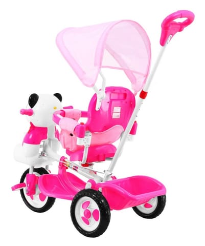 ⁨3-kołowy Rowerek dla dzieci Panda Różowy + Dźwięki + Daszek + Barierka + Podnóżek + Rączka + Schowek⁩ w sklepie Wasserman.eu