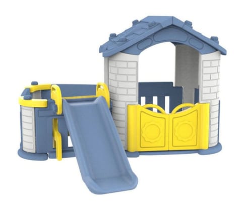 ⁨Domek ogrodowy 3w1 dla dzieci Niebieski + Zjeżdżalnia + Ogródek z płotkiem⁩ w sklepie Wasserman.eu