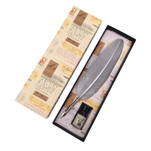 ⁨Zestaw do kaligrafii - Srebrne pióro gęsie ze stalówką + tusz – 7262/A⁩ w sklepie Wasserman.eu