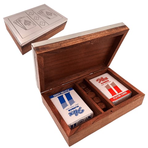 ⁨Dwie Talie Kart i Kości do Gry w Pudełku Drewnianym z Aluminiowym Topem - DC-004⁩ w sklepie Wasserman.eu