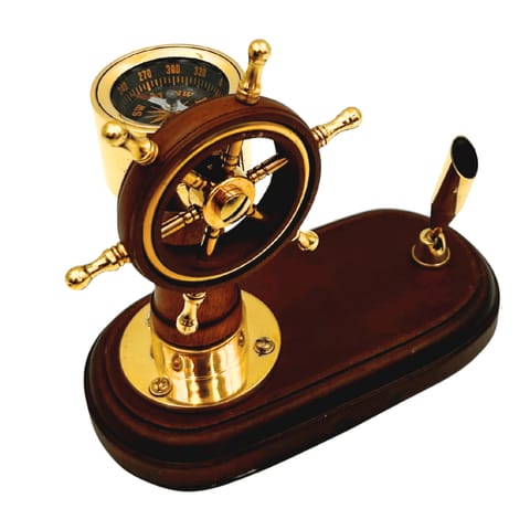 ⁨Elegancki Zestaw na Biurko Koło Sterowe i Kompas z Uchwytem na Długopis – Drewno Mosiądz – TT017⁩ w sklepie Wasserman.eu
