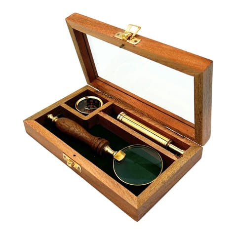 ⁨Zestaw Podróżnika – Luneta + Kompas + Lupa w Drewnianym Pudełku – NC2677AZ⁩ w sklepie Wasserman.eu