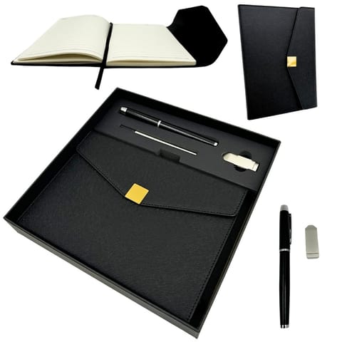 ⁨Elegancki Zestaw Prezentowy Premium – Notes A5 z Długopisem i Pendrive 16GB w Pudełku – Czarno-złoty – EE9⁩ w sklepie Wasserman.eu