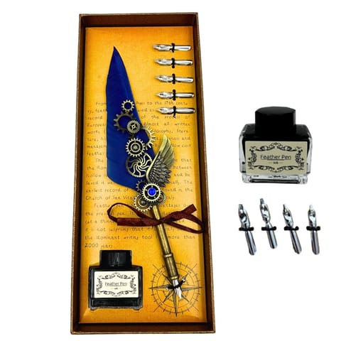 ⁨Zestaw do Kaligrafii Retro z Niebieskim Piórem Gęsim Vintage 6 Stalówek Atrament Prezent – EE11⁩ w sklepie Wasserman.eu