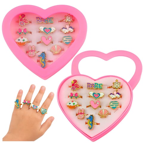 ⁨Zestaw Pierścionki Dla Dzieci Regulowane Metalowe Różne Wzory Serce 12 szt.⁩ w sklepie Wasserman.eu
