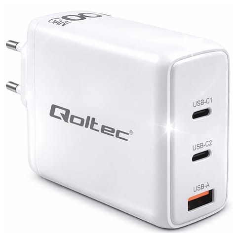 ⁨Qoltec 100W GaN Wall Charger | 5-20V | 1.5-5A | 2 x USB-C PD | 1 x USB QC 3.0 | White⁩ at Wasserman.eu