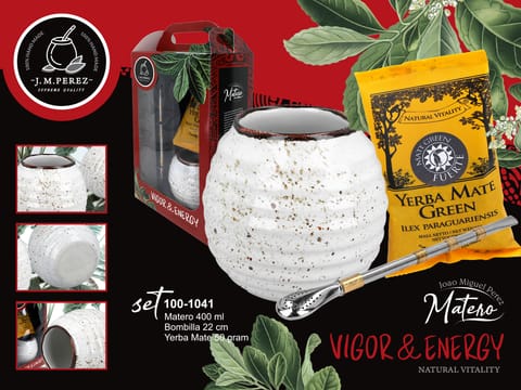 ⁨Zestaw do Yerby - Naczynie Ceramiczne (kremowe) + bombilla + Yerba Mate Green 50g⁩ w sklepie Wasserman.eu