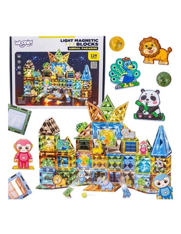 ⁨WOOPIE Klocki Magnetyczne Konstrukcyjne Świecące 3D Świat Zwierząt 124el.⁩ w sklepie Wasserman.eu