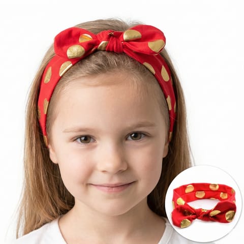 ⁨Opaska dziecięca wiązana czerwona w złote kropki OD3CZE⁩ w sklepie Wasserman.eu
