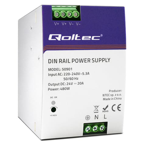 ⁨Qoltec Przemysłowy zasilacz na szynę DIN | 480W | 24V | 20A⁩ w sklepie Wasserman.eu
