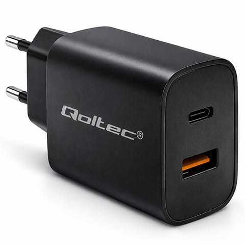 ⁨Qoltec Ładowarka GaN POWER PRO |  1xUSB-C | 1xUSB | 30W | 5-20V | 1.5-3A | Czarna⁩ w sklepie Wasserman.eu