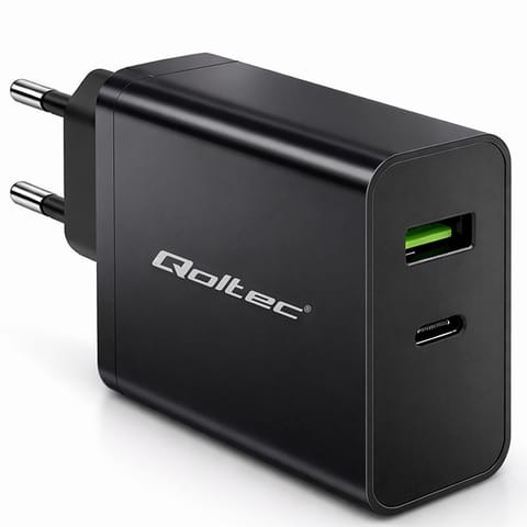 ⁨Qoltec Ładowarka Super Quick PD | 1xUSB-C | 1xUSB | 45W | 5-20V | 2.25-3A | Czarna⁩ w sklepie Wasserman.eu