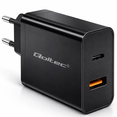 ⁨Qoltec 52380 Super Quick PD Charger | 1xUSB-C | 1xUSB | 65W | 5-20V | 1.5-3.25A | Black⁩ at Wasserman.eu
