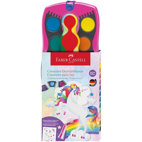 ⁨Farby szkolne akwarelowe 12 kolorów + brokat + naklejki, różowa kasetka 125002 FABER-CASTELL⁩ w sklepie Wasserman.eu