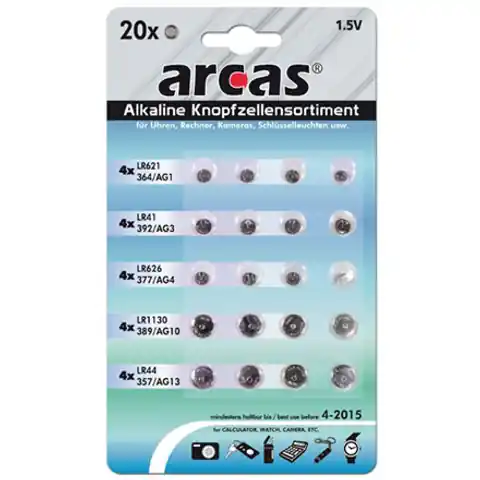 ⁨Arcas AG Set 4xAG1, 4xAG3, 4xAG4, 4xAG10, 4xAG13, Alkaline Buttoncell, 20 pc(s)⁩ at Wasserman.eu