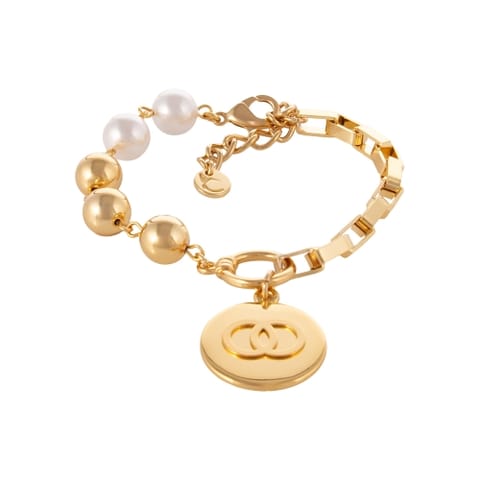 ⁨Bransoletka z pereł, kuleczek i łańcucha z okrągłą zawieszką z kółeczkami w środku (B25/KOR/101AU)⁩ w sklepie Wasserman.eu