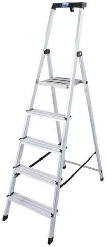 ⁨Drabina aluminiowa jednostronna Krause SAFETY 1x5 z półką 126337⁩ w sklepie Wasserman.eu