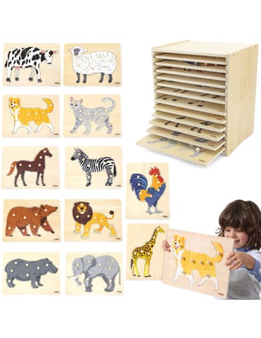 ⁨VIGA Zestaw Puzzle Drewniane 12 Układanek Zwierzątka Montessori + Stojak⁩ w sklepie Wasserman.eu