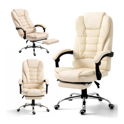 ⁨Fotel biurowy obrotowy BOSS z podnóżkiem - kremowy SKÓRA KO22K⁩ w sklepie Wasserman.eu