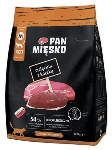 ⁨Pan Mięsko Karma sucha dla kota - cielęcina i kaczka chrupki M 400g⁩ w sklepie Wasserman.eu